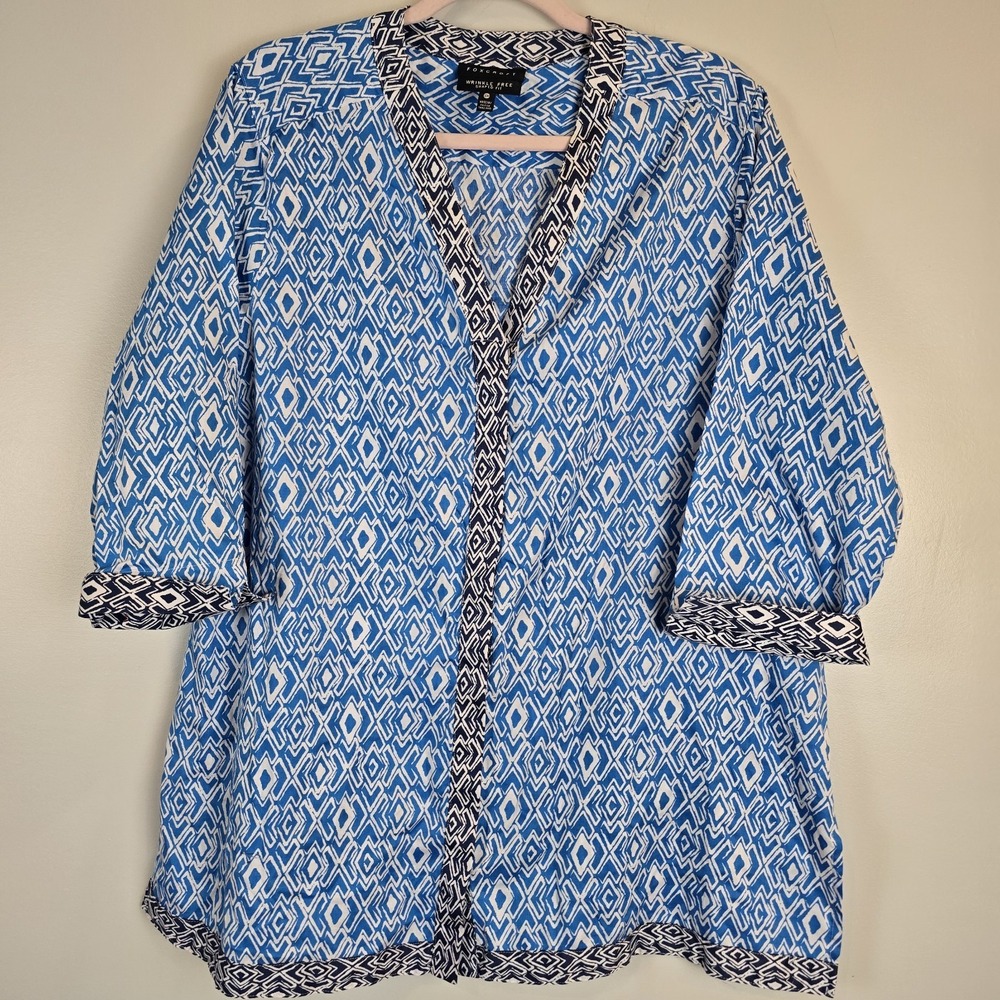 Foxcroft Geometric Button-Up Shirt Blue Women's 16W‎ Contrast Cuffs.C11